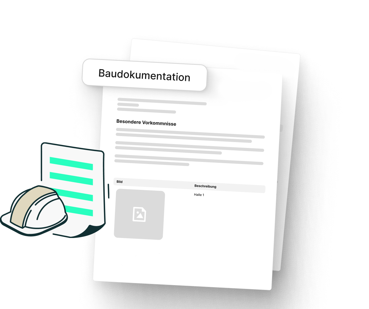 Digitale Baudokumentation - Tablet mit Bauhelm und Dokumenten