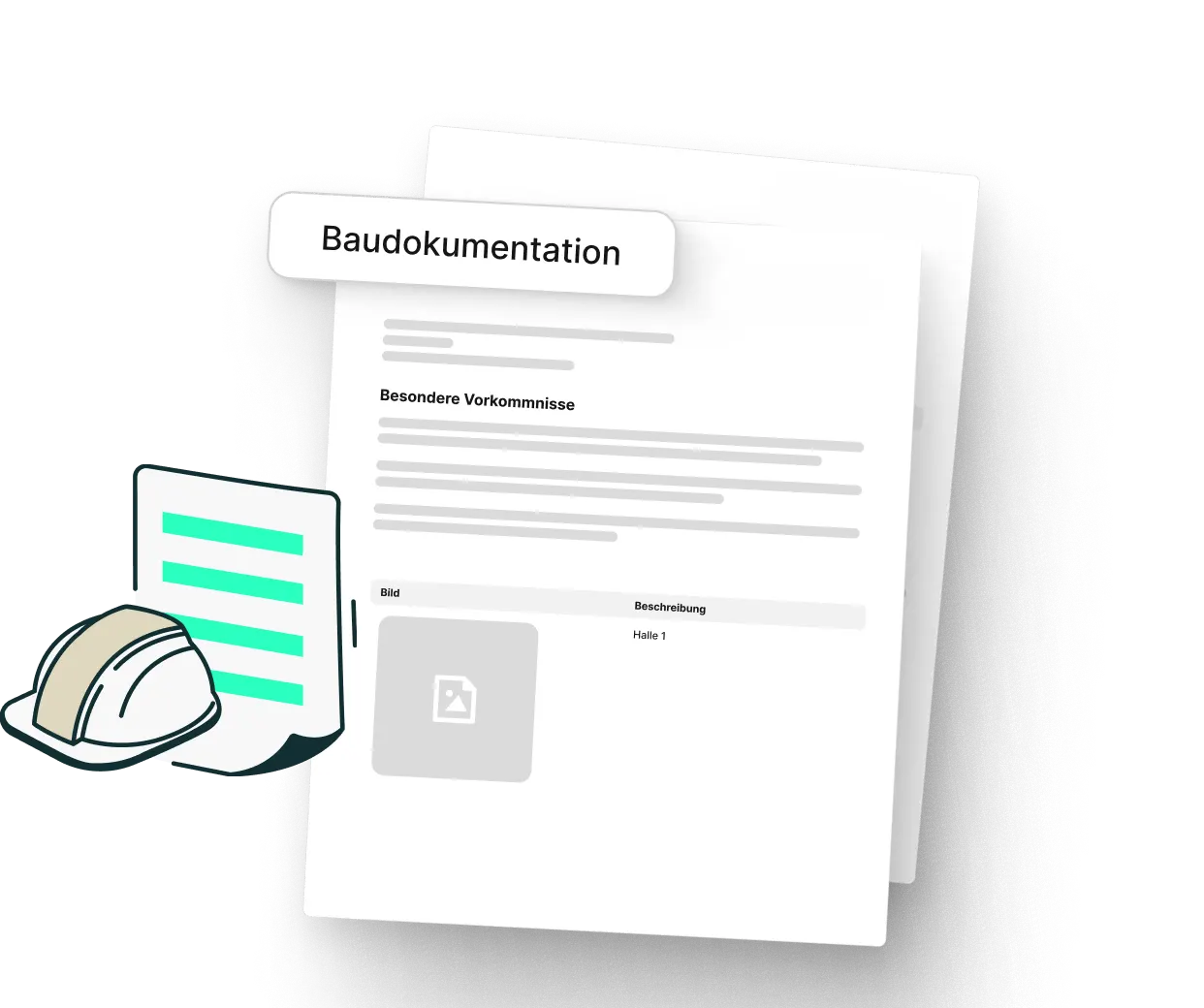 Digitale Baudokumentation - Tablet mit Bauhelm und Dokumenten